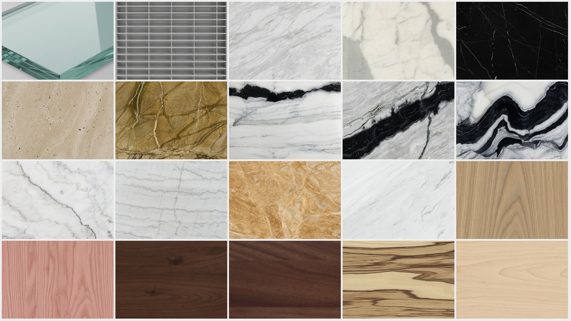 Tread sample board in glass, stone, and wood.